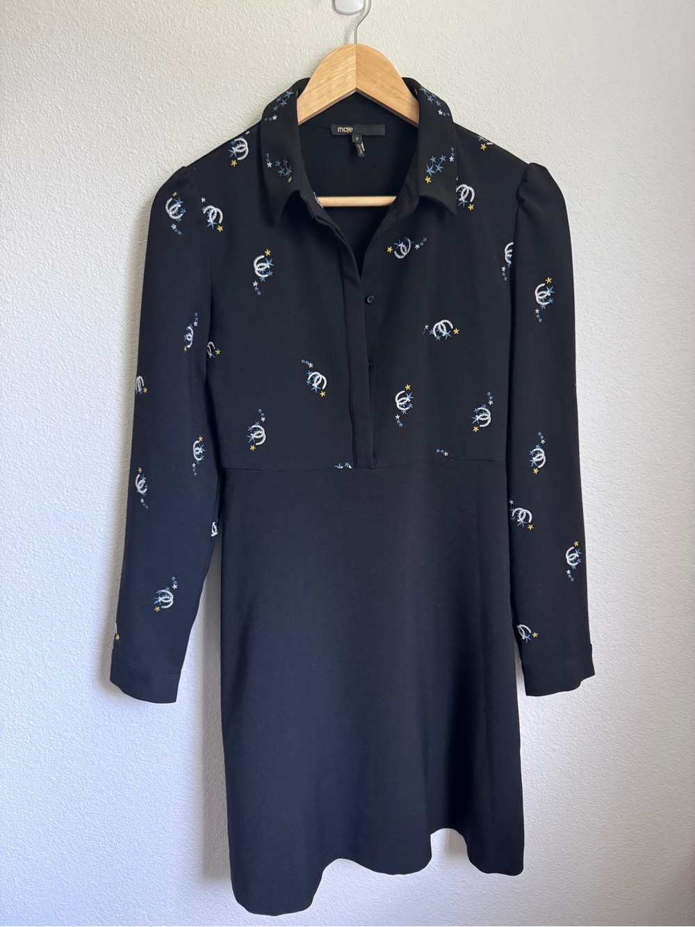 Maje Black Long-Sleeve Embroidered Shirt Dress with Silver & Star Accents